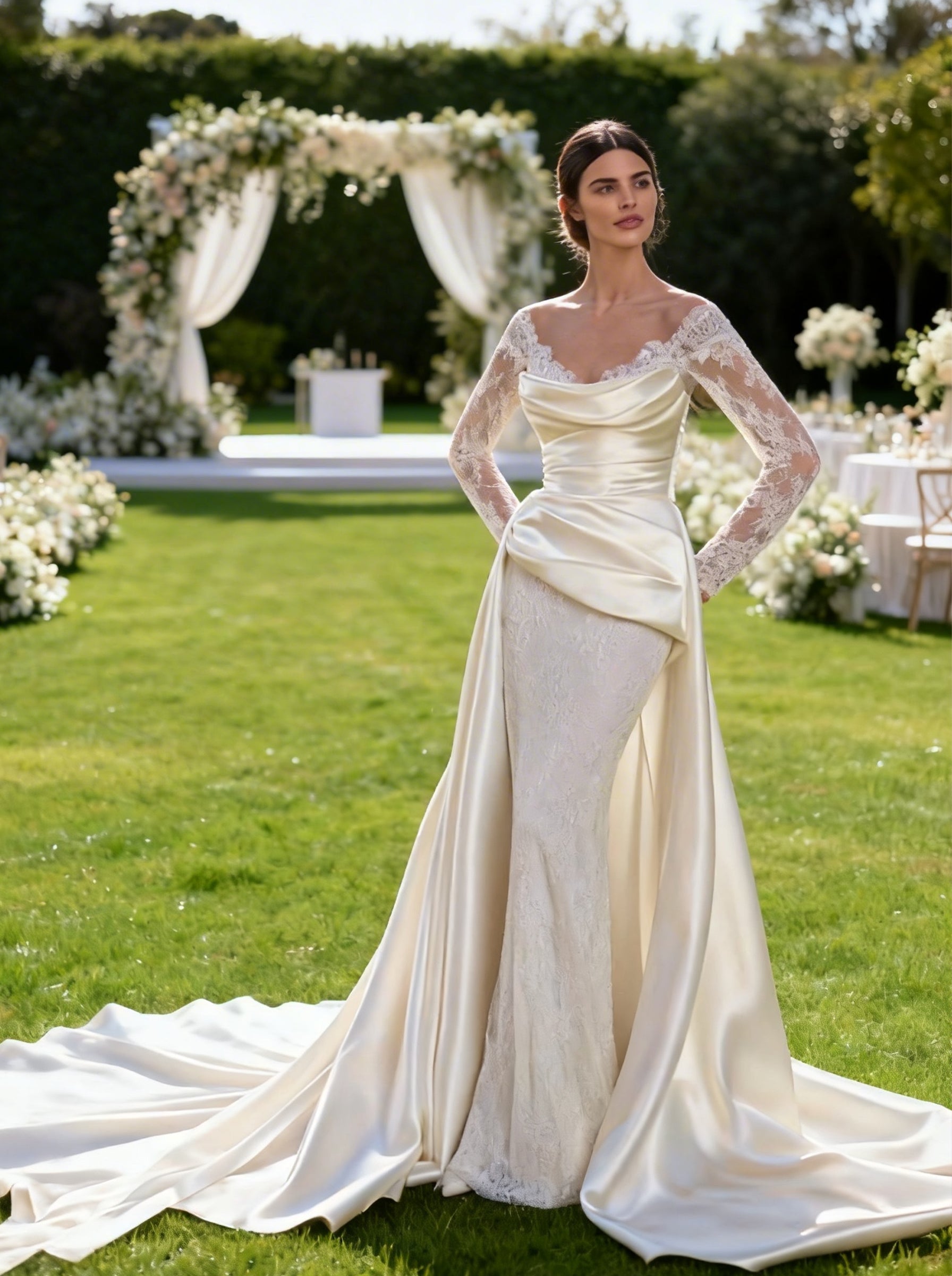 White Off The Shoulder Wedding Dress,Satin and Tull Formal Prom Dress