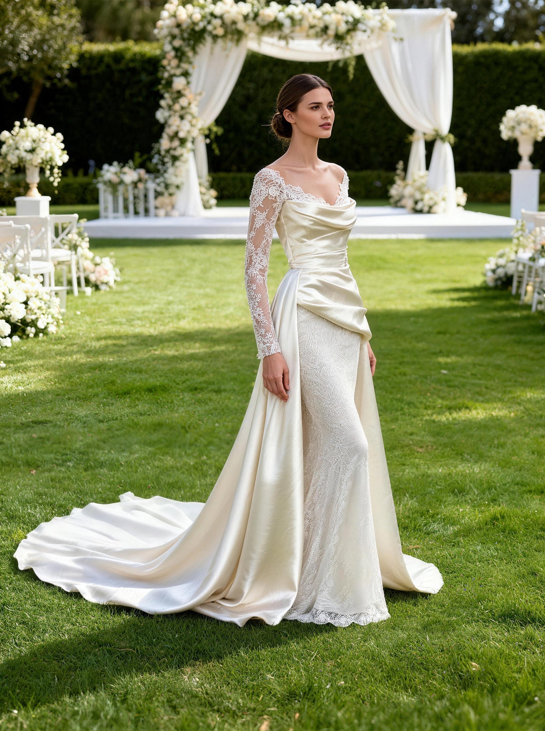 White Off The Shoulder Wedding Dress,Satin and Tull Formal Prom Dress