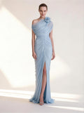 One-Shoulder Sky Blue Ruched Chiffon Gown