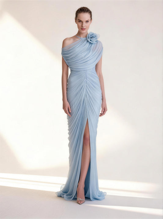 One-Shoulder Sky Blue Ruched Chiffon Gown