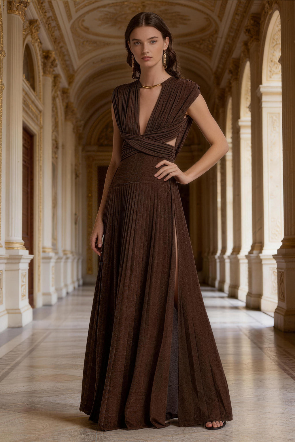 Brown V-neck Prom Formal Dress