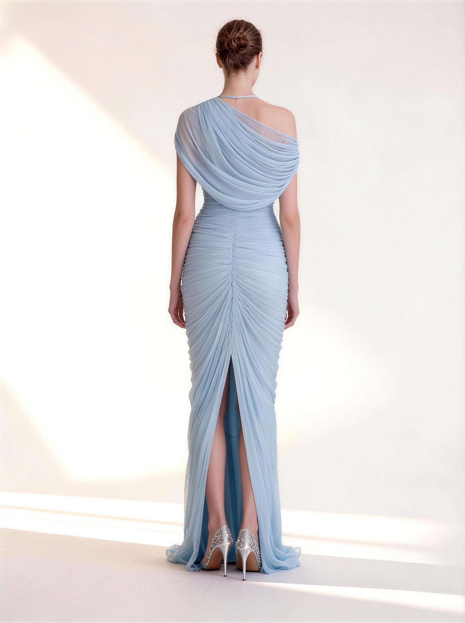 One-Shoulder Sky Blue Ruched Chiffon Gown