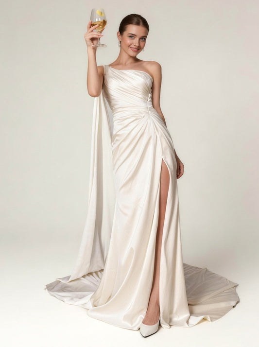 White Off The Shoulder Wedding Dress,Satin Prom Dress