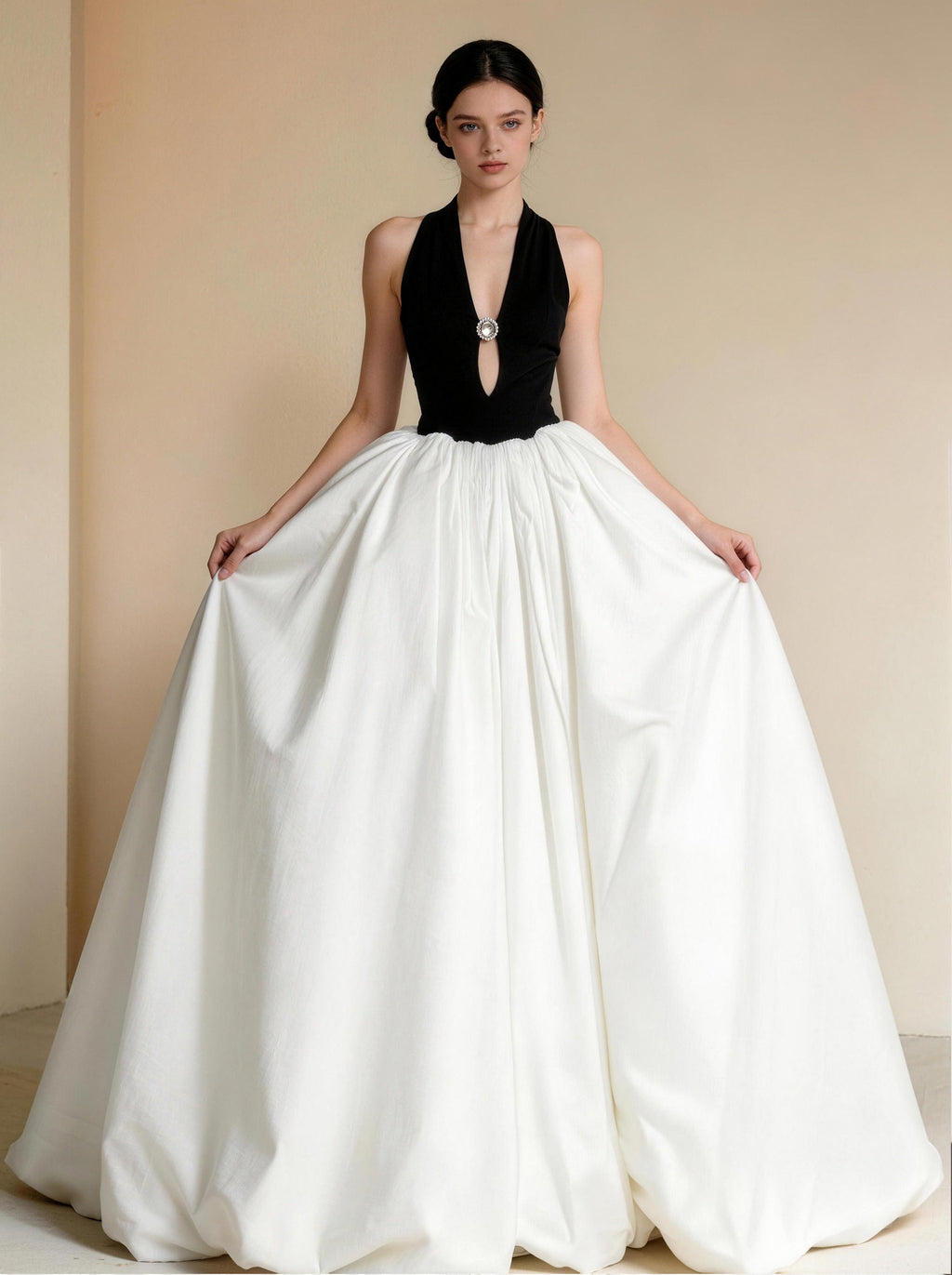 White and Black V-neck Long Prom Dress,Formal Evening Dress