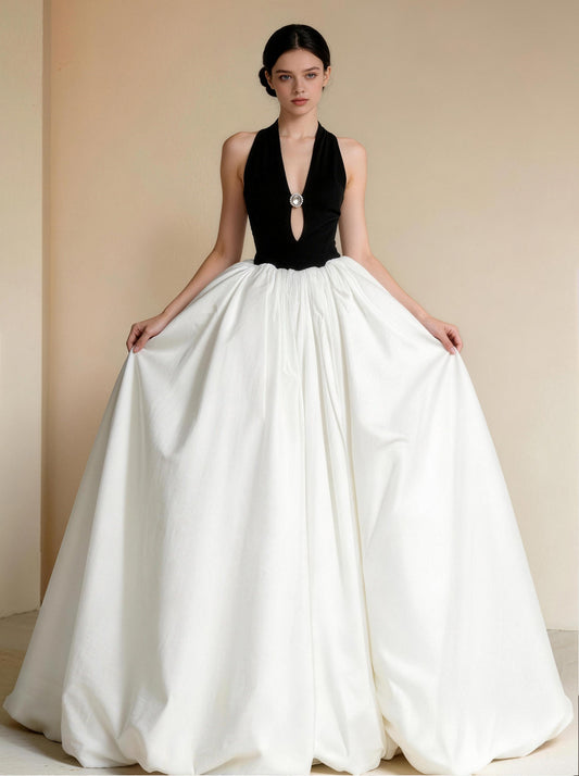 White and Black V-neck Long Prom Dress,Formal Evening Dress
