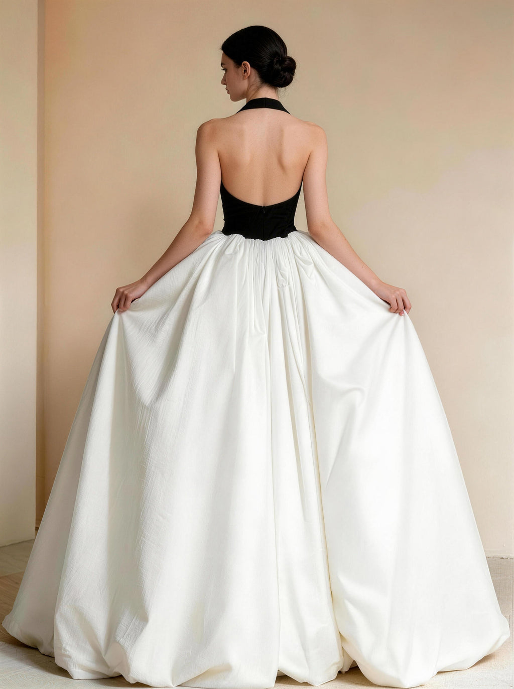 White and Black V-neck Long Prom Dress,Formal Evening Dress
