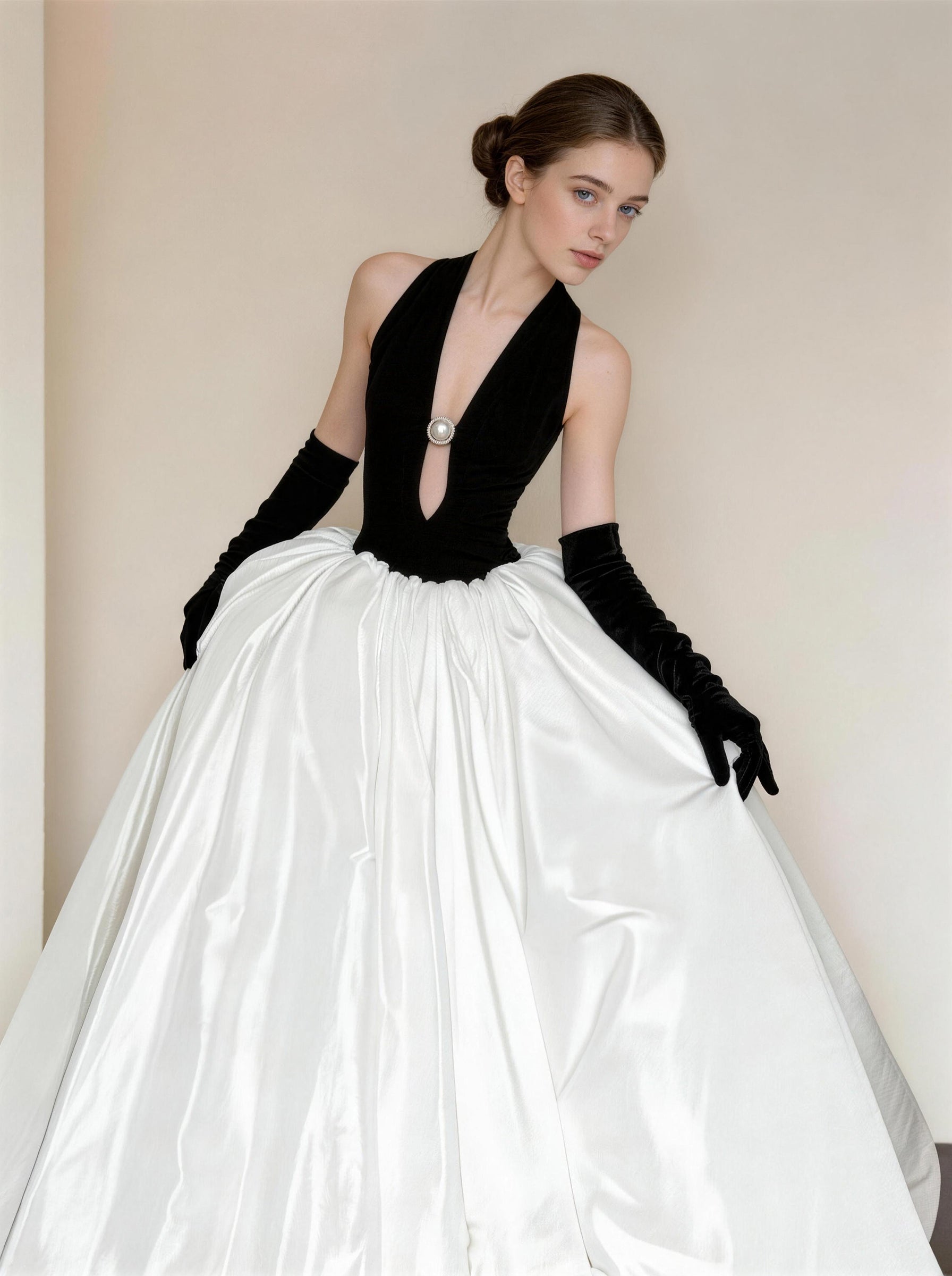 White and Black V-neck Long Prom Dress,Formal Evening Dress