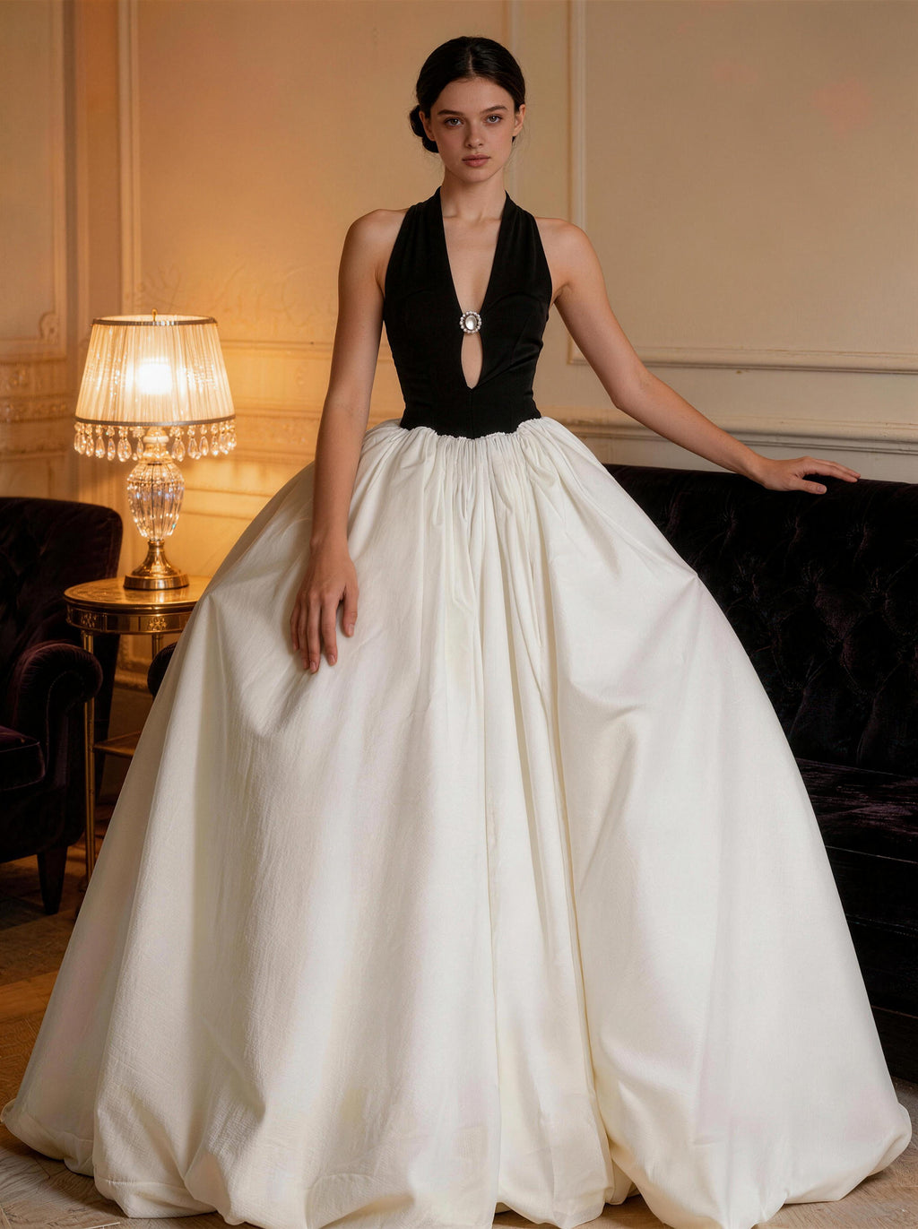 White and Black V-neck Long Prom Dress,Formal Evening Dress