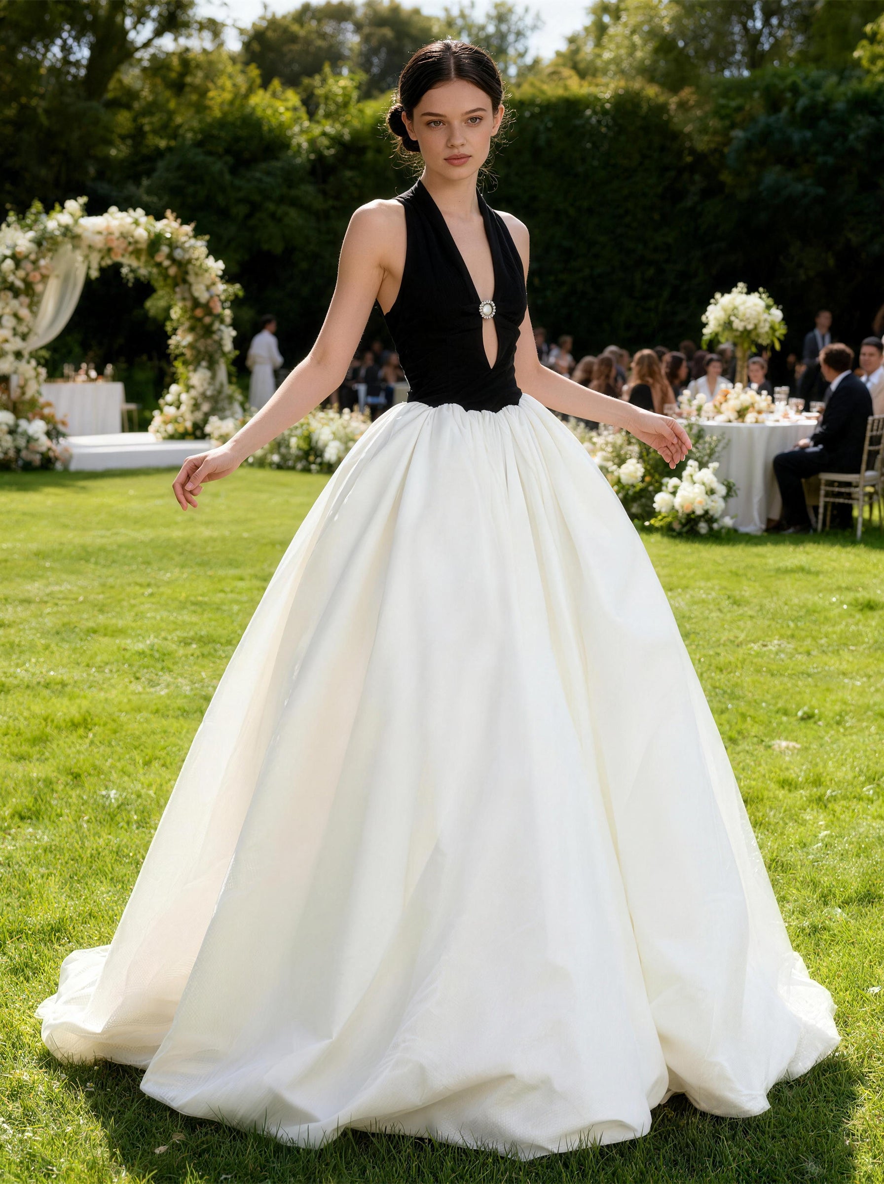 White and Black V-neck Long Prom Dress,Formal Evening Dress