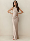 Pink Chiffon Hanging Neck Prom Dress,Long Formal Evening Dress