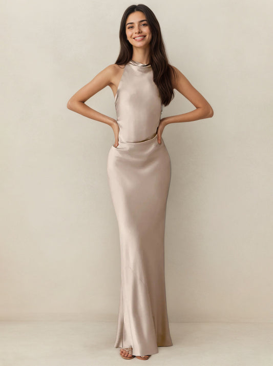 Pink Chiffon Hanging Neck Prom Dress,Long Formal Evening Dress