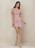 Pink Tull Off The Shoulder Knee Length Short Dress