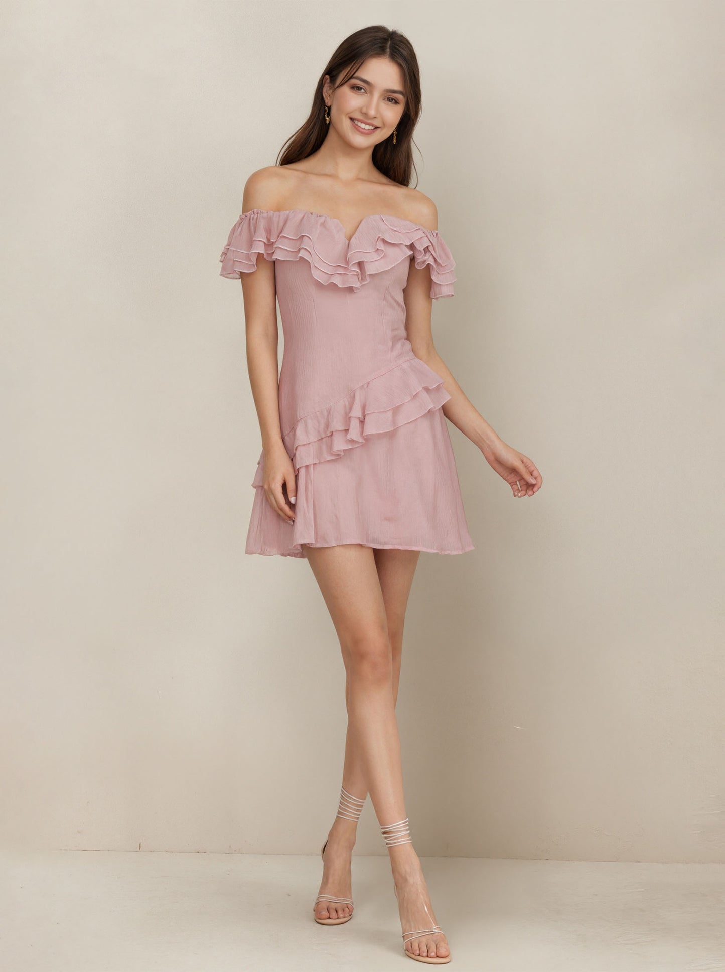 Pink Tull Off The Shoulder Knee Length Short Dress