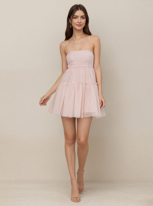 Pink Tull Off The Shoulder Knee Short Formal Dress