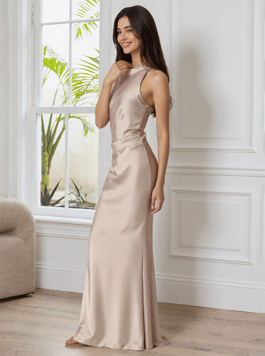 Pink Chiffon Hanging Neck Prom Dress,Long Formal Evening Dress