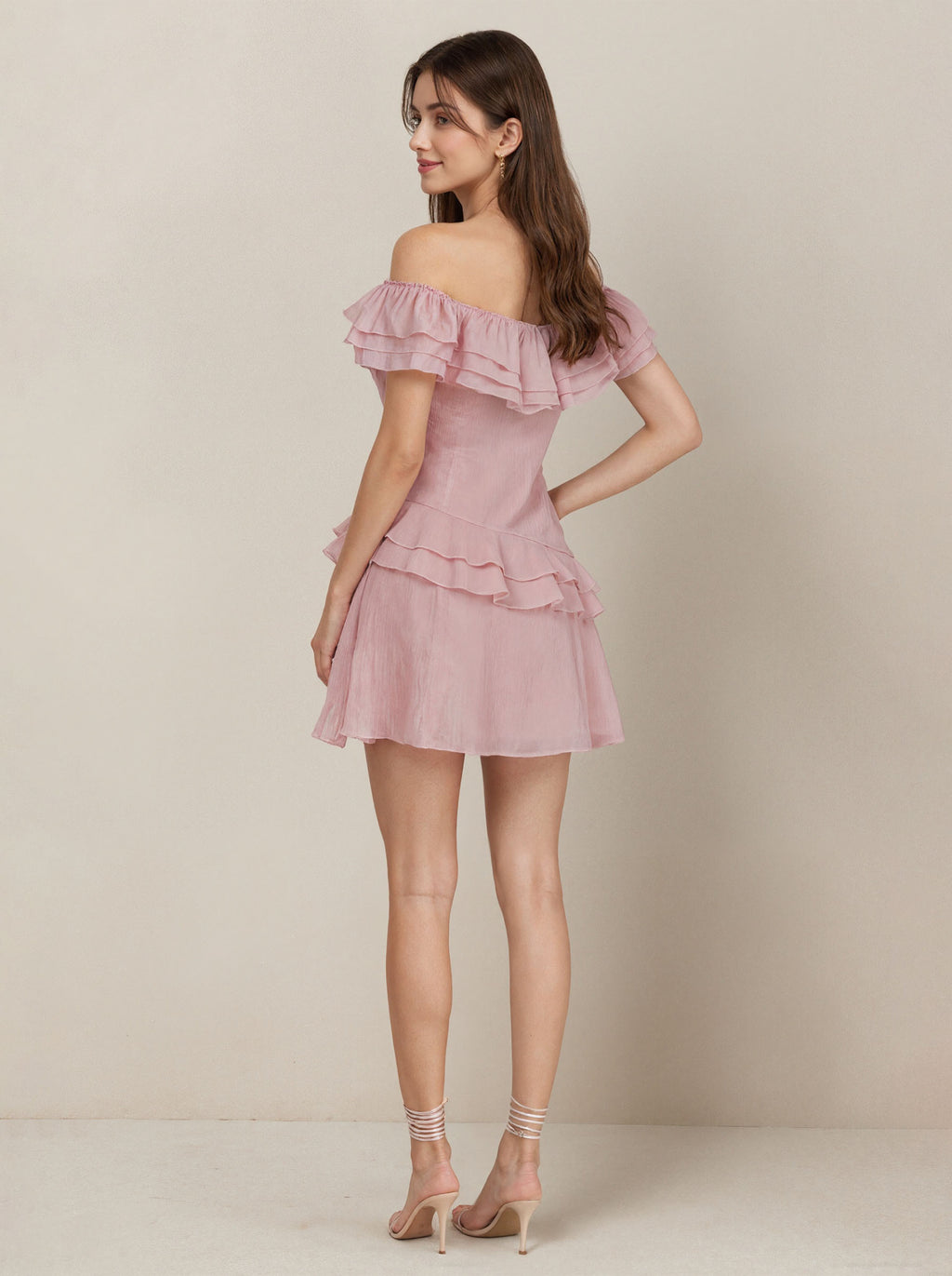 Pink Tull Off The Shoulder Knee Length Short Dress