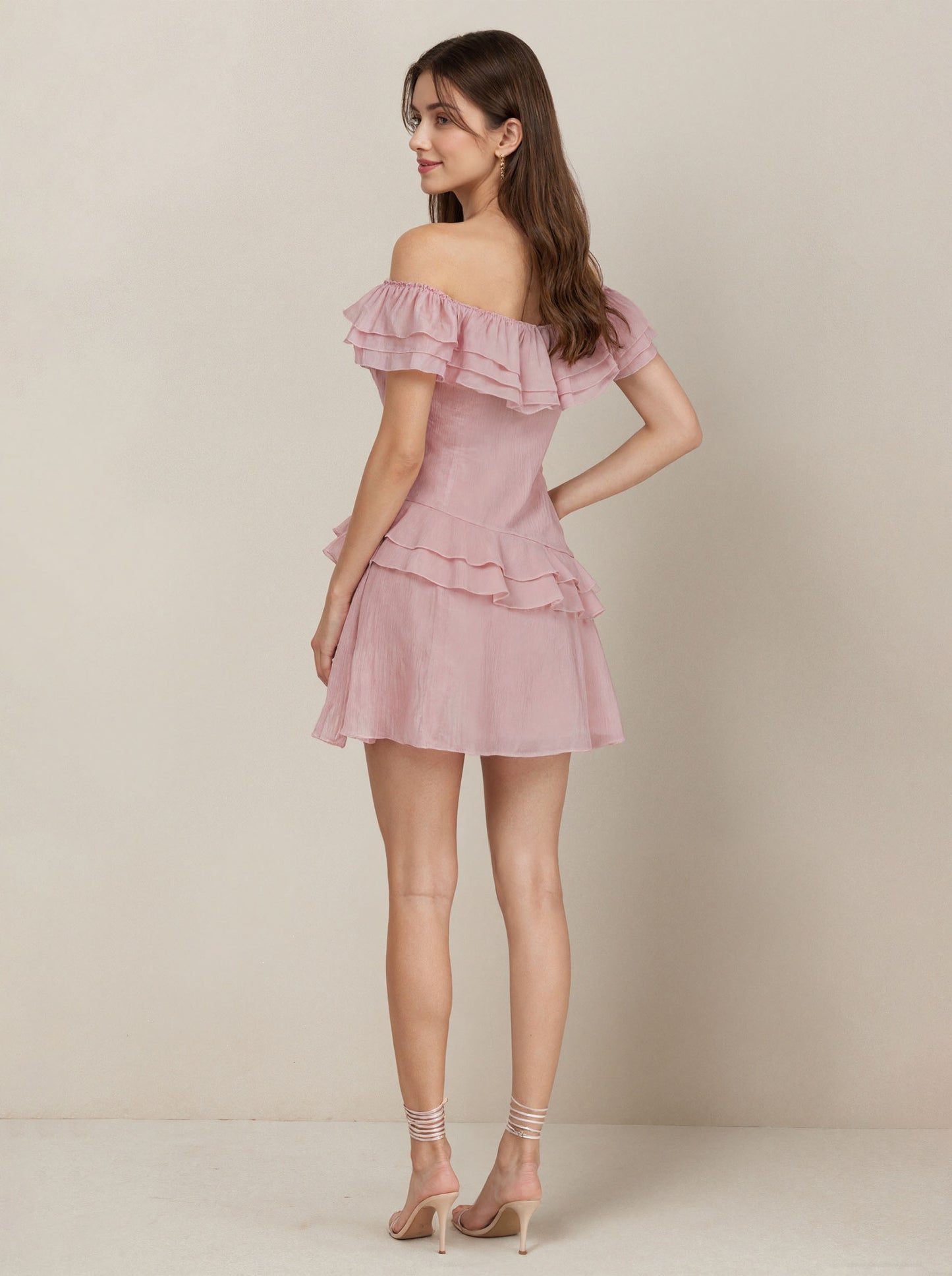 Pink Tull Off The Shoulder Knee Length Short Dress