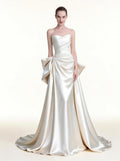 Strapless Ivory Satin Wedding Gown with Oversized Bow Accent