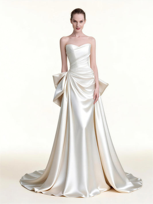 Strapless Ivory Satin Wedding Gown with Oversized Bow Accent