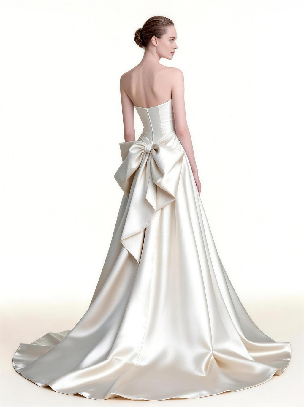 Strapless Ivory Satin Wedding Gown with Oversized Bow Accent