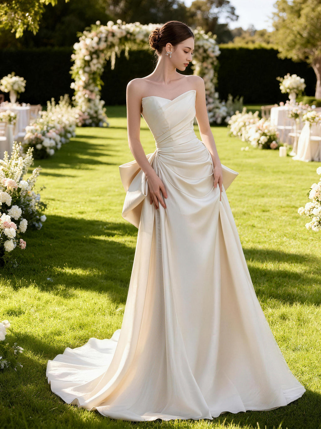Strapless Ivory Satin Wedding Gown with Oversized Bow Accent