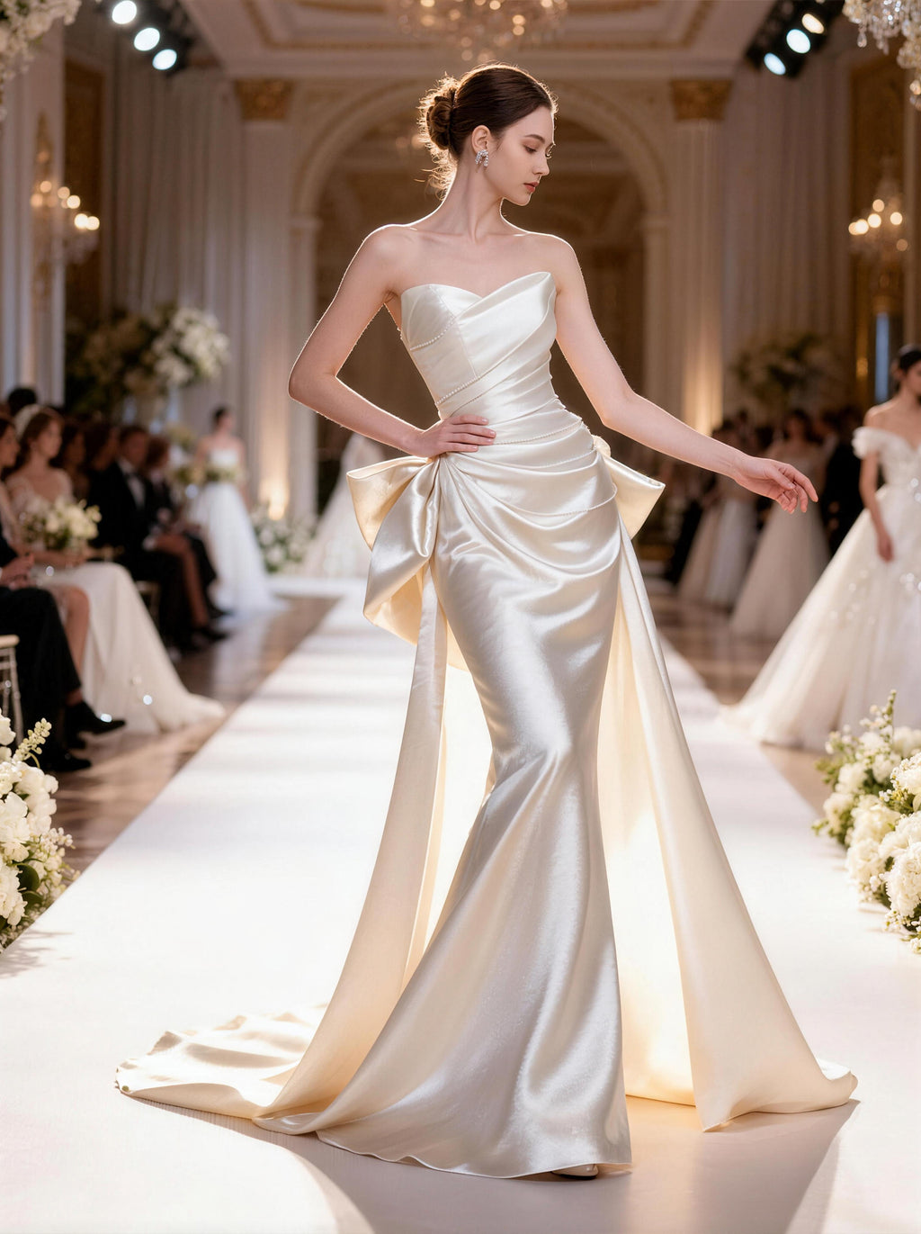 Strapless Ivory Satin Wedding Gown with Oversized Bow Accent