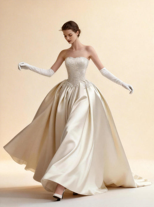 White Strapless Maxi Wedding Dress,Satin Formal Wedding Guest Cocktail Party Long Dresses
