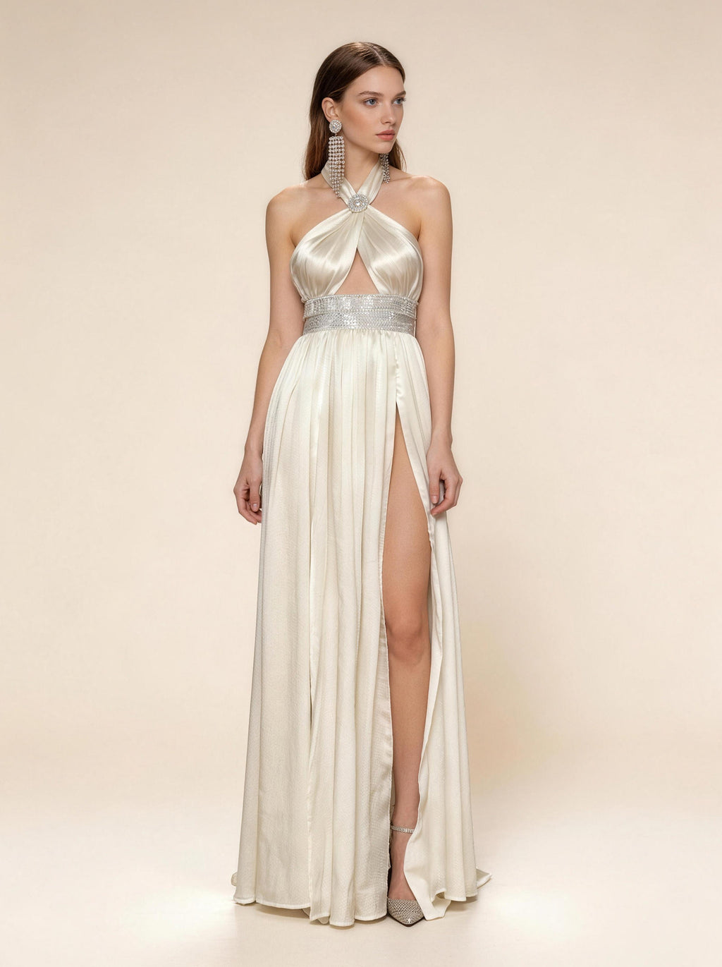 White Halter Neck Dress Wedding Dress,Satin Prom Dress