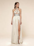 White Halter Neck Dress Wedding Dress,Satin Prom Dress