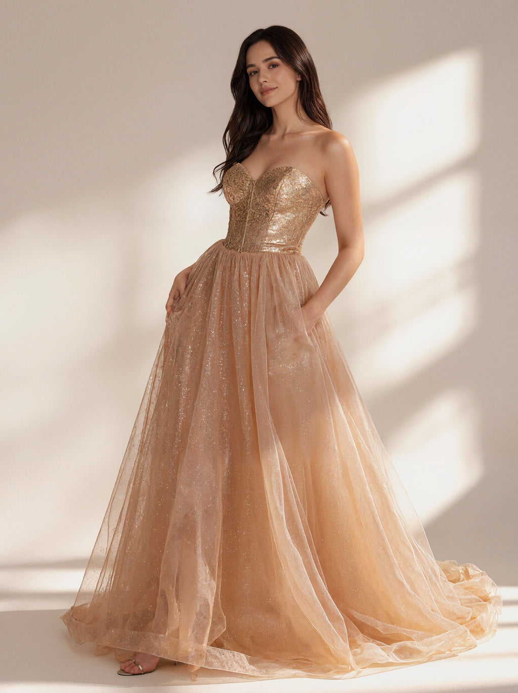 Gold Long V-neck Prom Dress,Formal Evening Dress