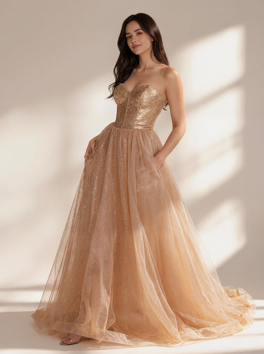 Gold Long V-neck Prom Dress,Formal Evening Dress