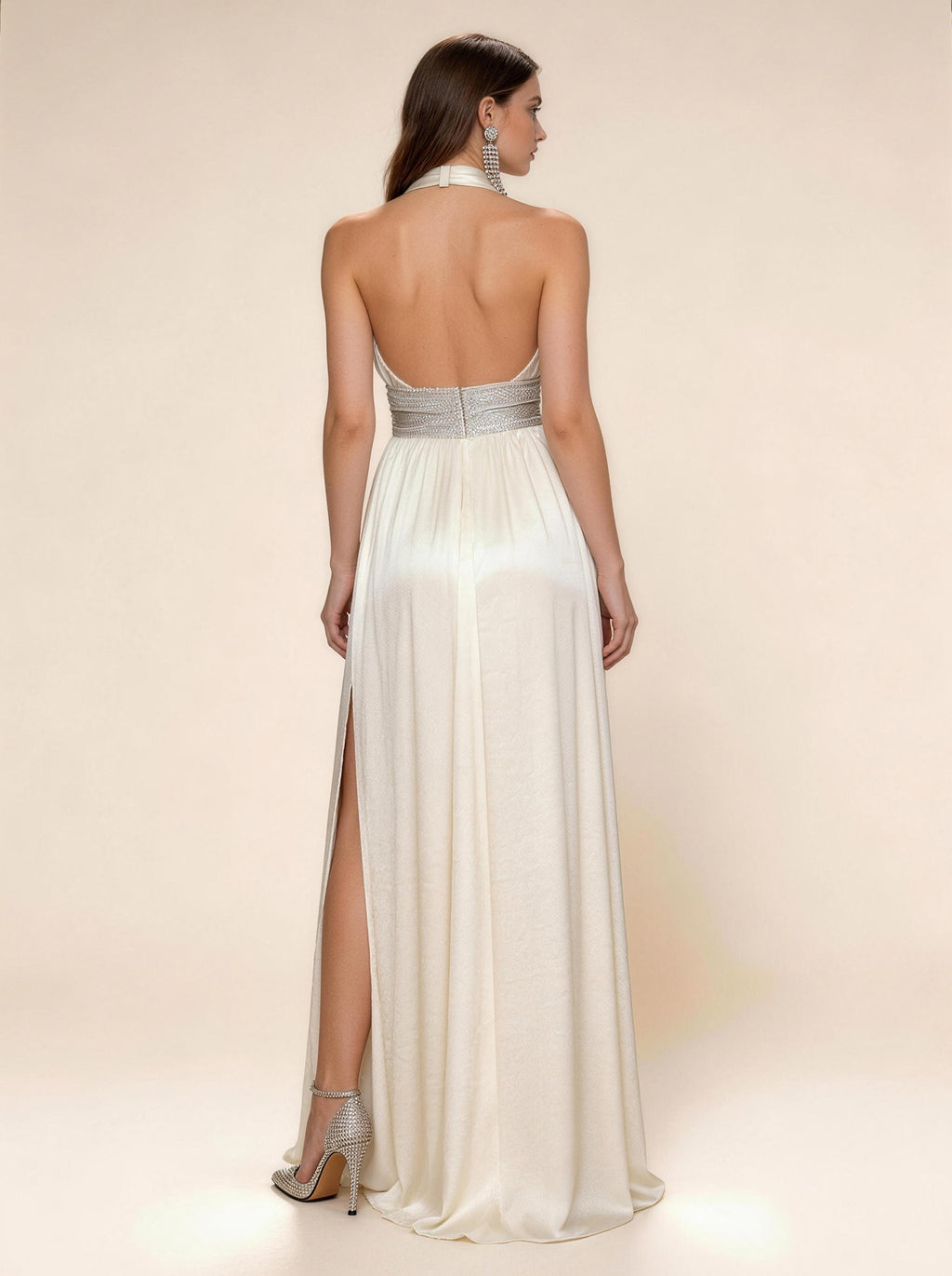 White Halter Neck Dress Wedding Dress,Satin Prom Dress