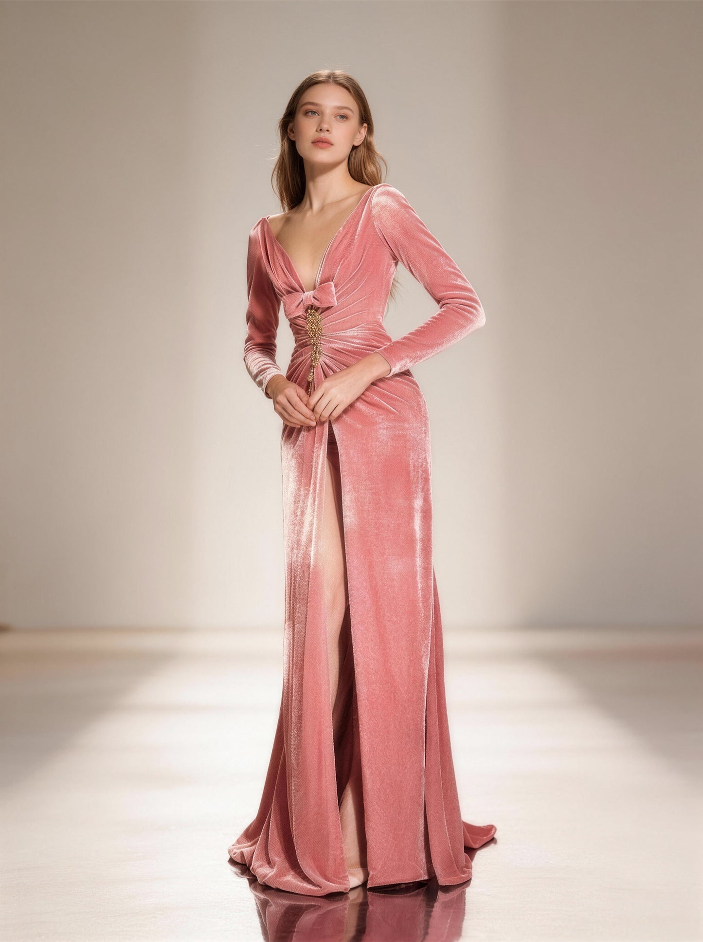 Pink V-neck Long Prom Dress,Formal Evening Dress