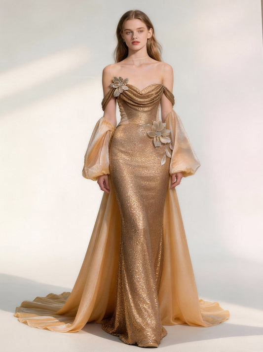 Gold V-neck Long Prom Dress,Formal Evening Dress