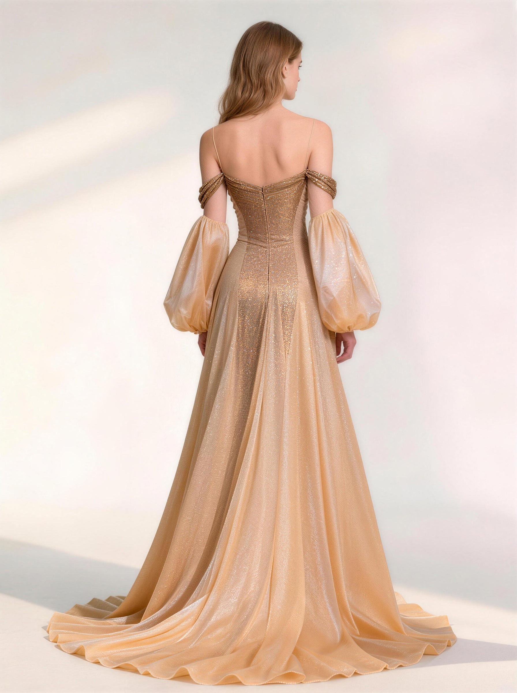 Gold V-neck Long Prom Dress,Formal Evening Dress