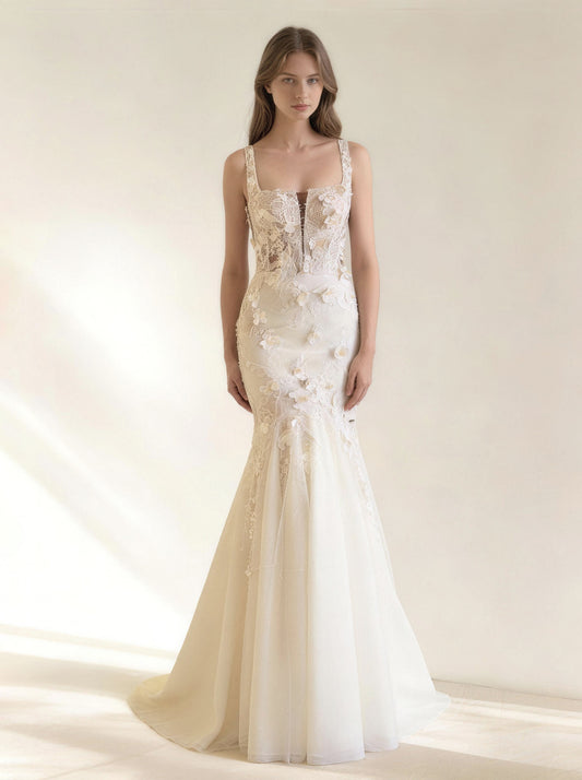 White Tull Wedding Dresses，Formal Prom Mermaid Dress