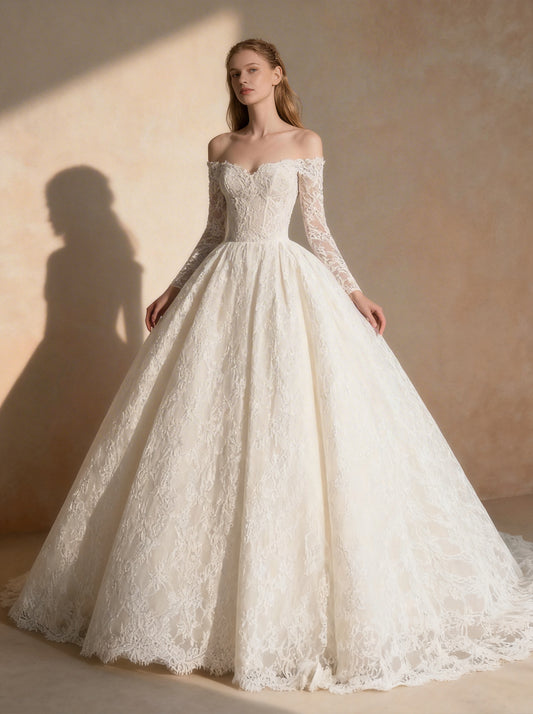 White Off The Shoulder Wedding Dress,Long Sleeves Tull Prom Dress