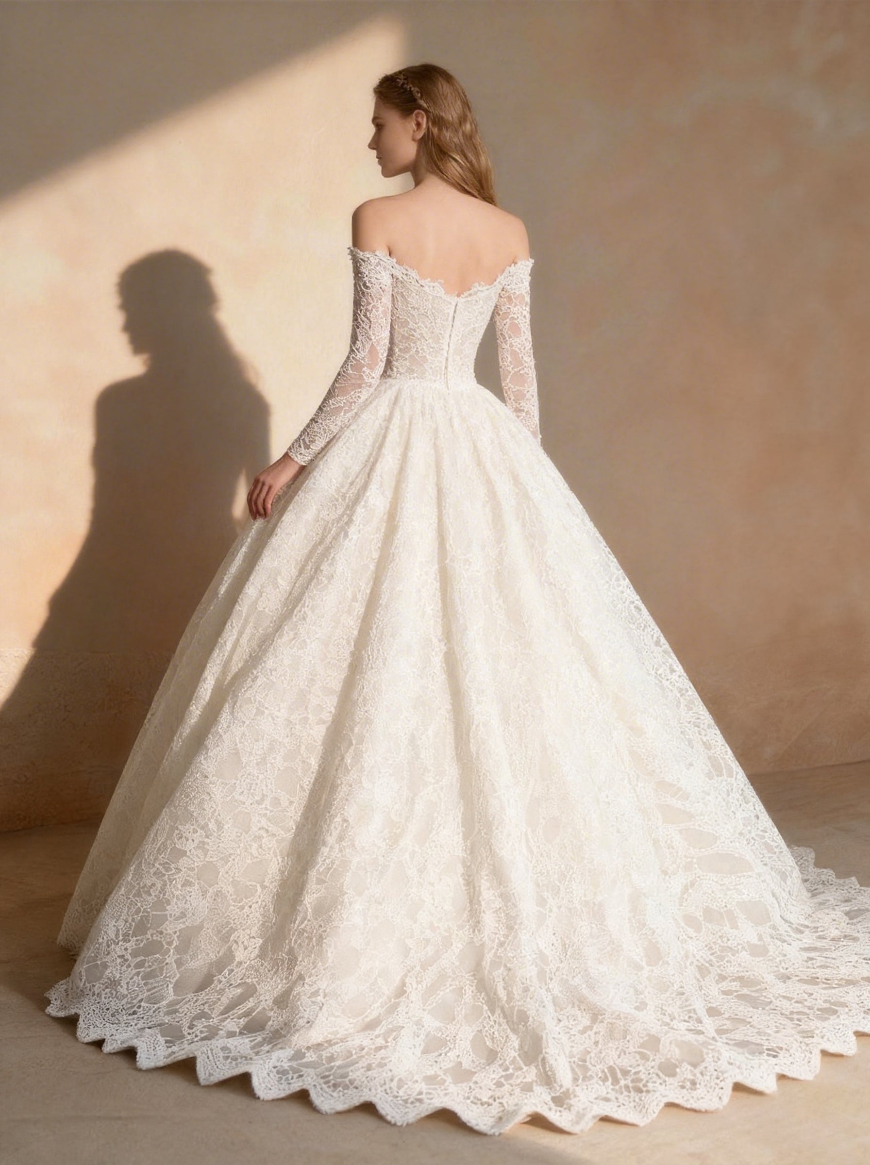 White Off The Shoulder Wedding Dress,Long Sleeves Tull Prom Dress