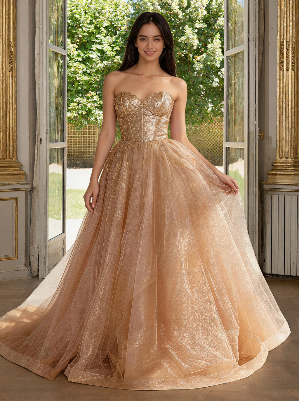 Gold Long V-neck Prom Dress,Formal Evening Dress